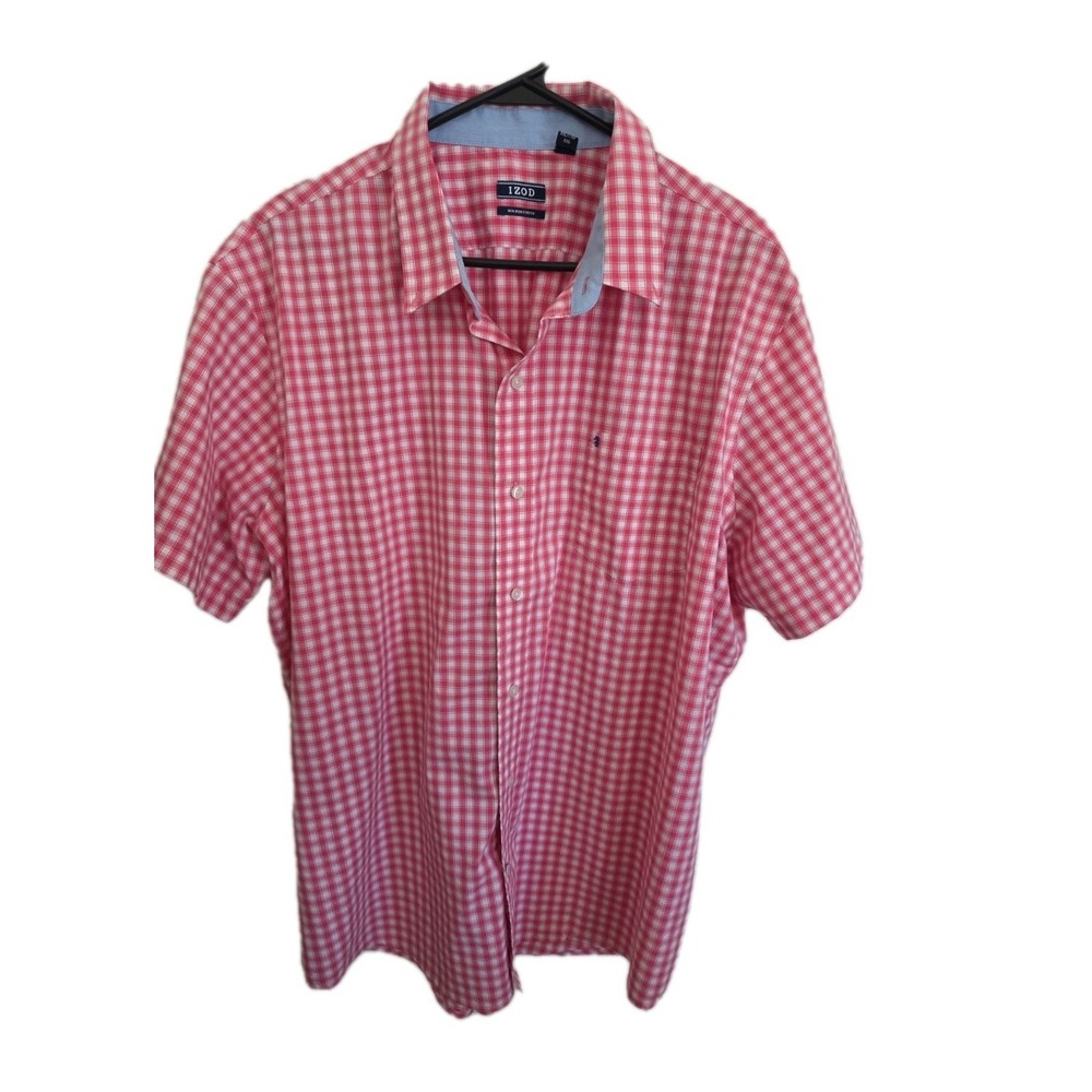 IZOD Shirt Mens 2XL Red Check Short Sleeve Button Down Non Iron Stretch Casual